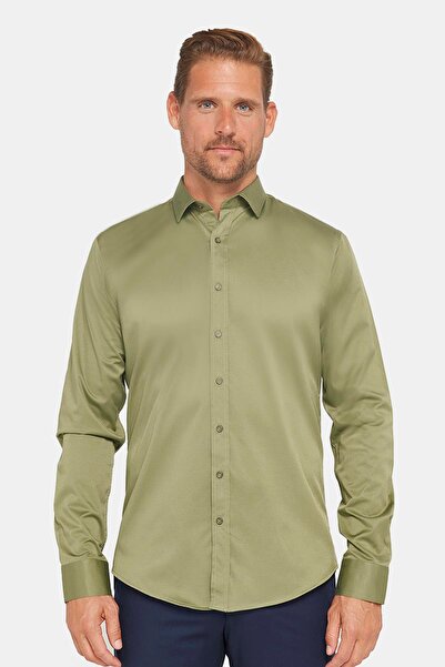 Tudors Slim Fit Uzun Kollu Likralı Düz Pamuk Saten Erkek Yeşil Gömlek