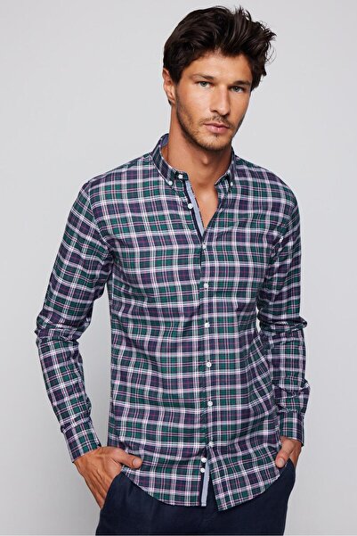 Tudors Erkek Slim Fit Dar Kesim Uzun Kollu Pamuklu Kolay Ütü Kareli Düğmeli Yaka Gömlek