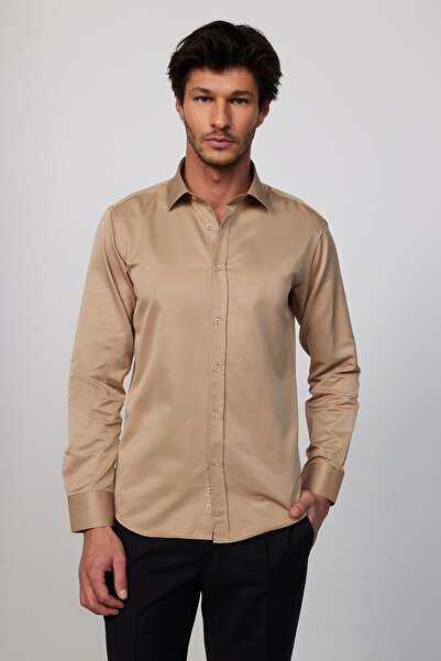 Tudors Erkek Modern Slim Fit Düz Saten Pamuklu Krem Gri Gömlek