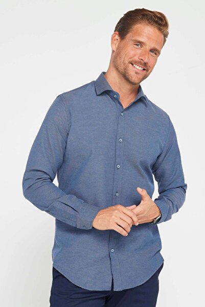 Tudors Erkek Slim Fit Dar Kesim Uzun Kollu Pamuklu Kolay Ütü Armürlü Lacivert Gömlek