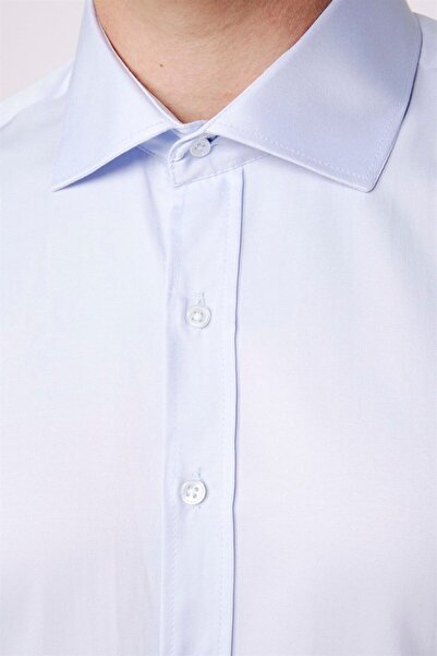 Tudors Erkek Modern Slim Fit Düz Saten Pamuklu Mavi Gömlek