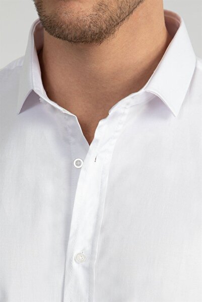 Tudors Slim Fit Uzun Kollu Likralı Düz Pamuk Saten Erkek Beyaz Gömlek