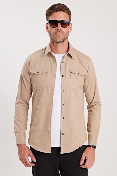 Tudors Slim Fit Long Sleeve Casual Denim Men's Stone Shirt