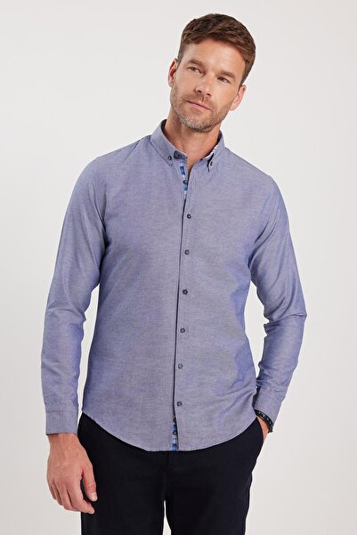 Tudors Erkek Slim Fit Dar Kesim Uzun Kollu Pamuklu Oxford Doku Lacivert Düğmeli Yaka Gömlek