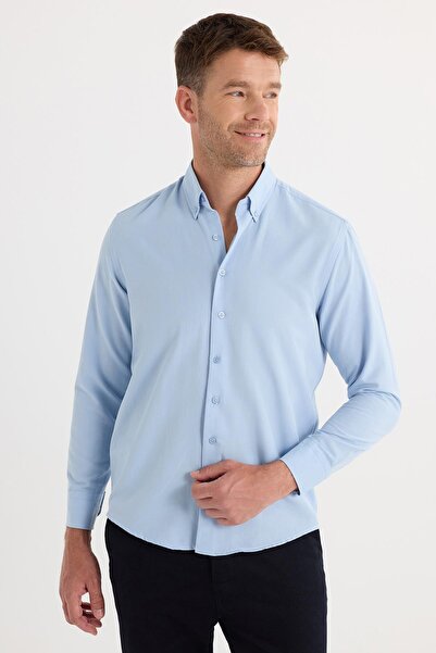 Tudors Regular Fit Düğmeli Yaka Pamuklu Kolay Ütü Oxford Düz Erkek Mavi Gömlek