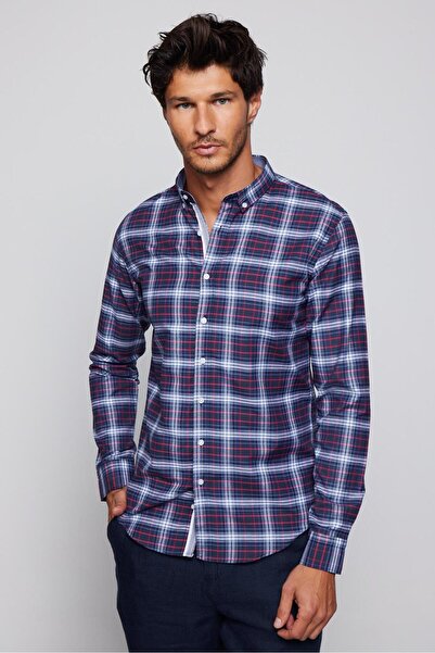 Tudors Erkek Slim Fit Dar Kesim Uzun Kollu Pamuklu Kolay Ütü Kareli Düğmeli Yaka Gömlek