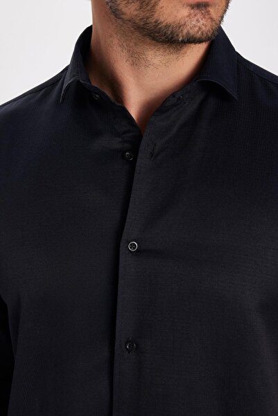 Tudors Erkek Regular Fit Klasik Kesim Pamuklu Kolay Ütü Armürlü Siyah Gömlek