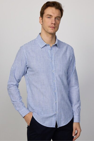 Tudors Erkek Slim Fit Dar Kesim Uzun Kollu %100 Pamuk Keten Doku Çizgili Gömlek