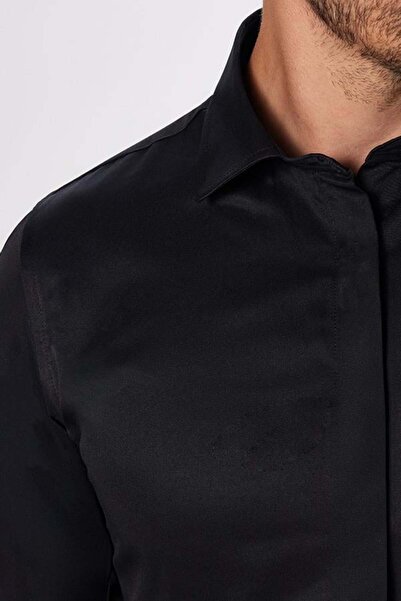 Tudors Slim Fit Uzun Kollu Gizli Pat Sırtı Körüklü Düz Siyah Erkek Gömlek