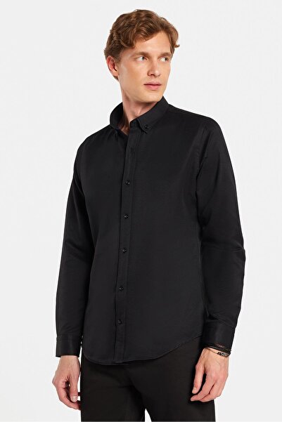 Tudors Slim Fit Uzun Kollu Düğmeli Yaka Pamuklu Kolay Ütü Düz Erkek Gömlek