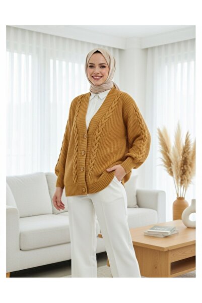 Modamorfo Zimní pletený kardigan ve skořicové barvě s detailem řetízku