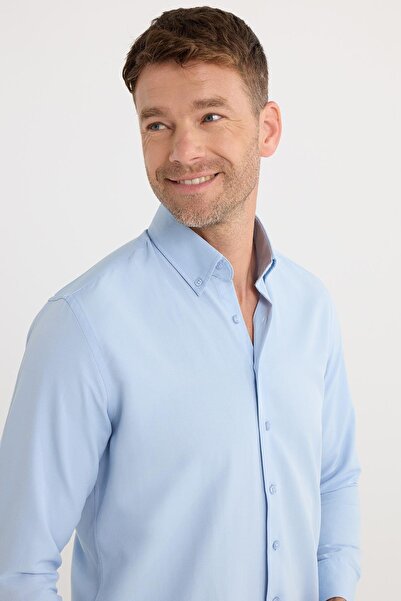 Tudors Regular Fit Düğmeli Yaka Pamuklu Kolay Ütü Oxford Düz Erkek Mavi Gömlek