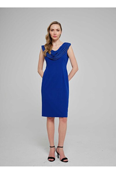 Selen Degaje Yaka Taşlı Saks Standart Kadın Elbise 25YSL7644