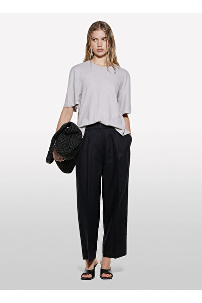 Sisley Kadın Siyah %100 Keten Önü Pile Detaylı Yüksek Bel Jogger Pantolon