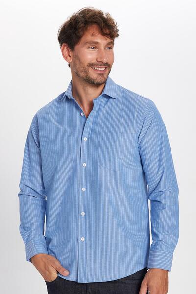Tudors Erkek Regular Fit Klasik Kesim İnce Çizgili Pamuklu Kravatlık Yaka Gömlek