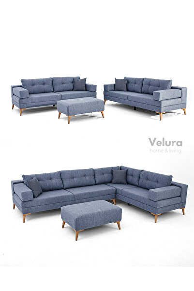 Velura Home & Living Zeri Modüler Yataklı 3 Adet Üçlü Kanepe & 3'lü Koltuk (3+3+3) - Mavi - 119