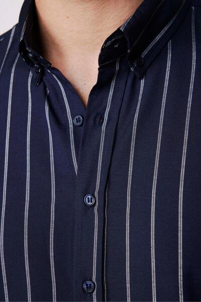 Tudors Erkek Slim Fit Dar Kesim Uzun Kollu Pamuklu Kolay Ütü Çizgili Lacivert Düğmeli Yaka Gömlek