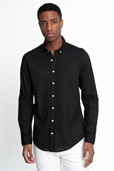 Tudors Серия Linen Premium - Мъжка черна спортна риза с тесен крой, дълъг рък...