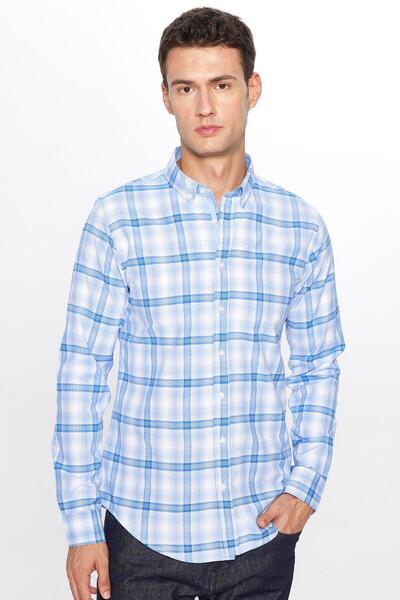Tudors Erkek Slim Fit Dar Kesim Uzun Kollu Pamuklu Kolay Ütü Kareli Düğmeli Yaka Gömlek