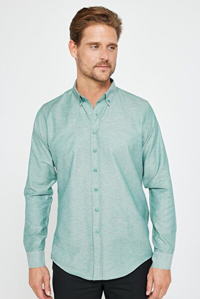 Tudors Erkek Slim Fit Dar Kesim Uzun Kollu Pamuklu Oxford Doku Kolay Ütü Yeşil Düğmeli Yaka Gömlek