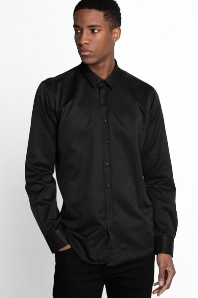 Tudors Modern Slim Fit Pamuklu Kolay Ütü Armürlü Erkek Gömlek