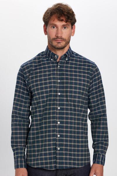 Tudors Klasszikus szabású, hosszú ujjú gombos gallér, kis kockás pamut khaki színű férfi ing