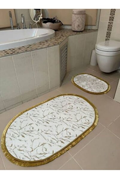 Home simli bambu 2li banyo paspas takımı beyaz gümüş 60x100 ve 40x60 kaymaz t...