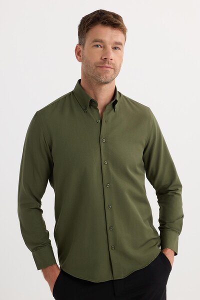Tudors Regular Fit Düğmeli Yaka Pamuklu Kolay Ütü Oxford Düz Erkek Haki Gömlek