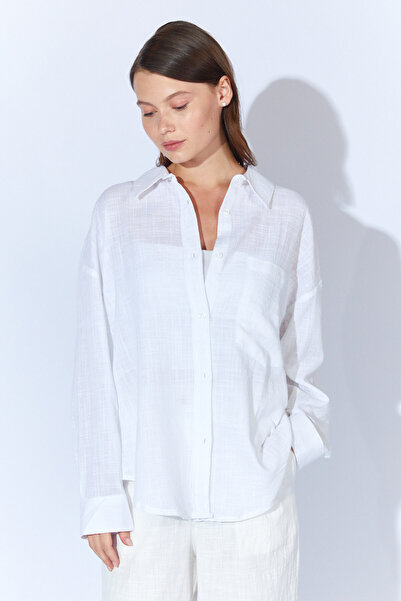 EDITION WOMAN Cămașă de damă din in viscoză albă, lavabilă, cu textura moale