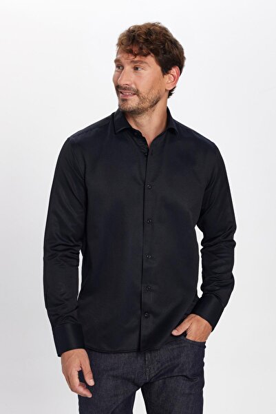 Tudors Erkek Regular Fit Klasik Kesim Pamuklu Kolay Ütü Armürlü Siyah Gömlek