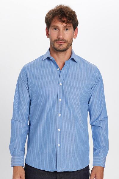 Tudors Erkek Regular Fit Klasik Kesim İnce Çizgili Pamuklu Kravatlık Yaka Gömlek