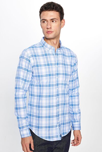 Tudors Erkek Slim Fit Dar Kesim Uzun Kollu Pamuklu Kolay Ütü Kareli Düğmeli Yaka Gömlek