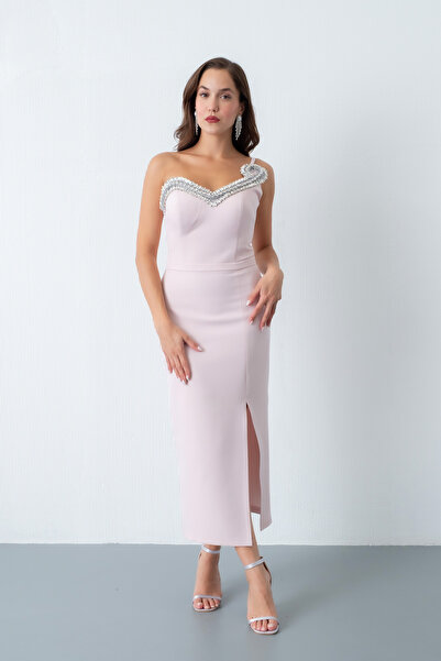 Lafaba Жіноча пудрева сукня з відкритою спиною та камінням, середньої довжини