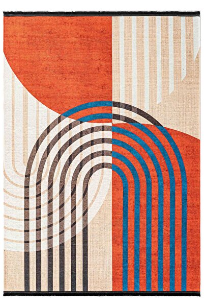 Oriente Home Linear Patterned Washable Non-Slip Base Chenille Cream Tile Living Room Carpet 8381