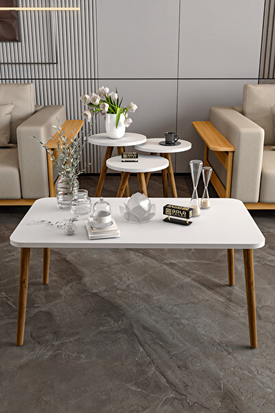 GOLDFALEZ Zigon Sehpa Ve Orta Sehpa Set Ahşap Kr Torna Beyaz