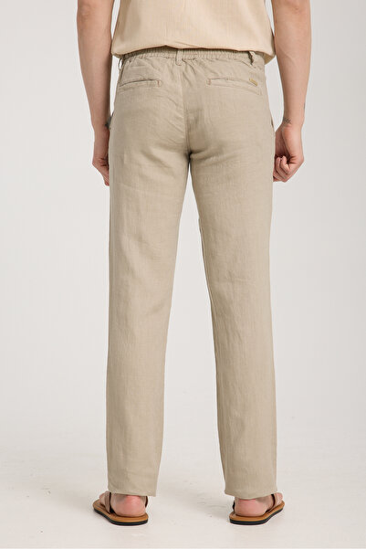 muzzo jeans Beige 100% Linen Trousers with Elastic Waist