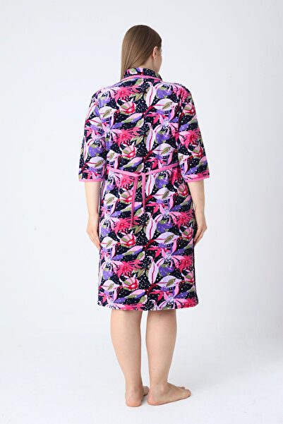 ROMEO LİFE Γυναικείο φόρεμα μεγάλου μεγέθους από βαμβακερό βελούδο με φερμουάρ 1125 ΦΟΥΚΣΙΑ-ΜΩΡΟ