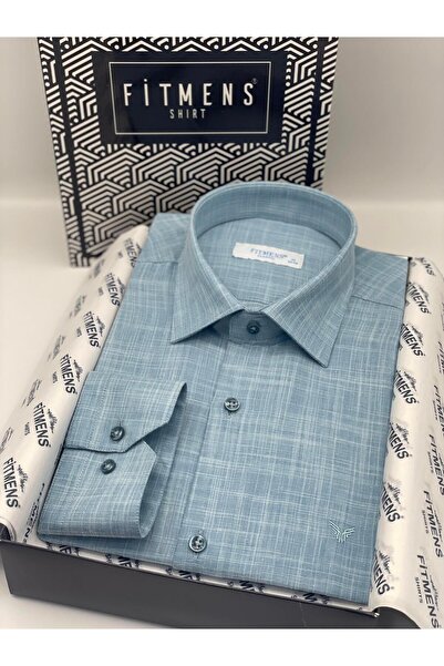 Fitmens قميص رجالي كلاسيكي بأكمام طويلة بدون جيوب وياقة كتان وأزرار سفلية مع علبة هدايا FS-003686 - بترولي