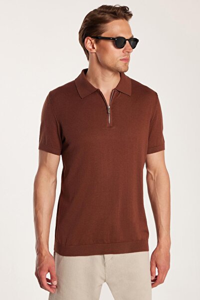 Tudors Ανδρικό Slim Fit Στενό Κομμένο Μάλλινο Πουλόβερ Φερμουάρ Καφέ Πολό Γιλέκο