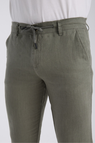 muzzo jeans Khaki 100% Linen Trousers with Elastic Waist