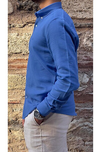 Fitmens Slim Fit Uzun Kol Müslin Pamuk Rahat Nefes Alabilen Kumaştan Yaka Düğmeli Hediye Kutulu Erkek Gömlek