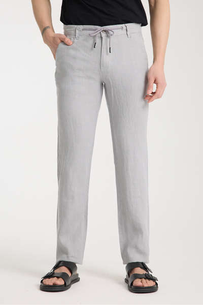 muzzo jeans Gray 100% Linen Trousers with Elastic Waist