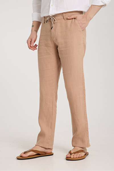 muzzo jeans Dark Beige 100% Linen Trousers with Elastic Waist