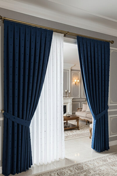 Madame Dower Perdele nordică cu fundal albastru cu pompon — o singură lamă — pliuri înguste 1x3 — pentru sufragerie și living — potrivită pentru cornișe