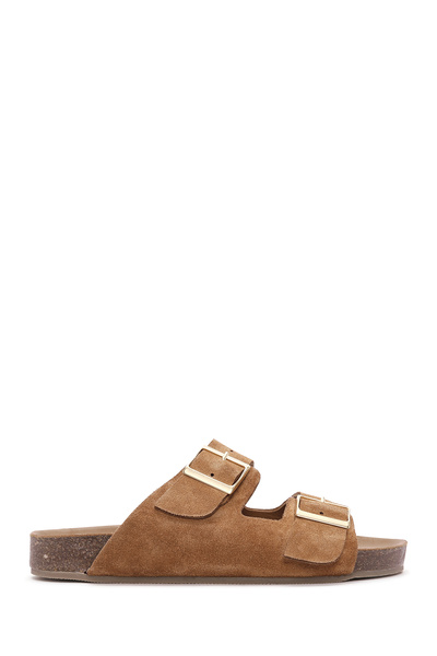 Derimod Women's Tan Double Buckle Suede Leather Slippers 25Sfd 150210