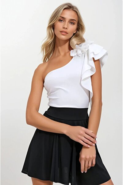 OLSAMODA Women's One Shoulder Drapelled Shoulder Ruffle Lycra Fabric Blouse