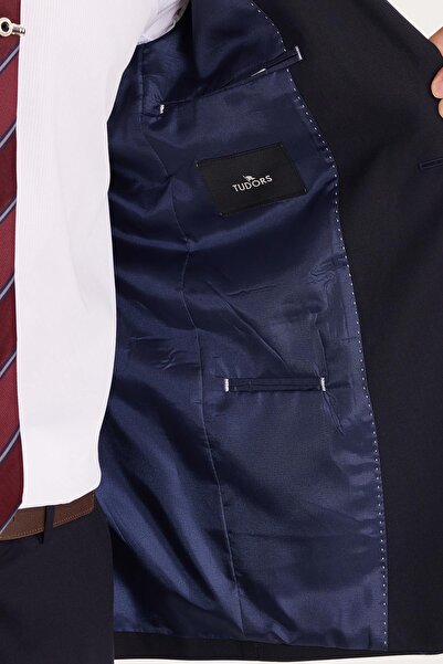 Tudors Erkek Slim Fit Mono Yaka Likralı Esnek Kumaş Lacivert Takım Elbise