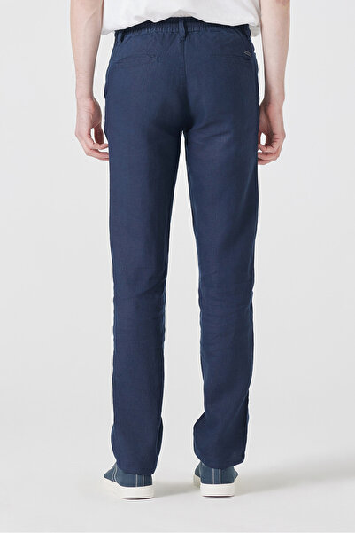 muzzo jeans Dark Navy Blue 100% Linen Trousers with Elastic Waist