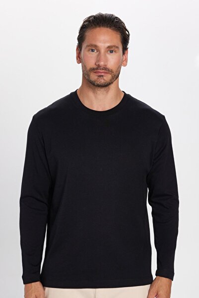 Tudors Unisex Relax Fit Relaxed Fit 100% βαμβακερό μακρυμάνικο μπλουζάκι με λαιμόκοψη μαύρο βασικό