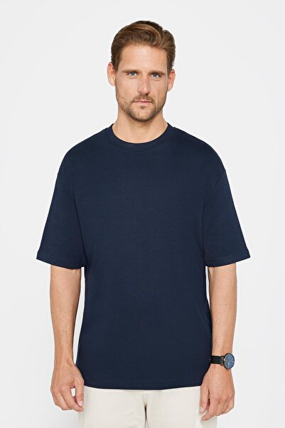 Tudors Футболка унісекс оверсайз широкого крою 100% бавовна з м'якою текстурою з базовою шиєю екіпажу темно-синього кольору